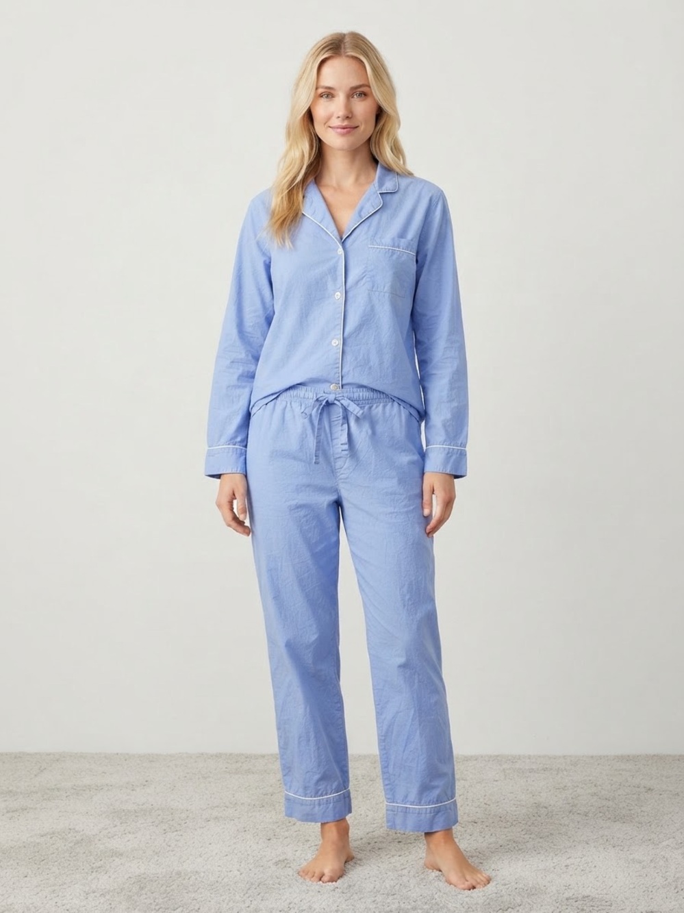 GAP Women’s Light Blue Long-Sleeve Button Pajama Set 100% Cotton Medium